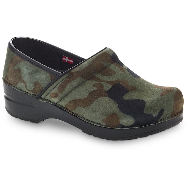 Women's Closed Back Clog, Printed Suede Upper, Polyurethane Outsole, Olive, Size 5.5-6 M